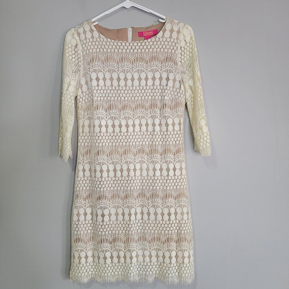 Catherine Malandrino Cream Ivory Lined Lace Crochet Dress 3/4 Sleeve Size‎ 4